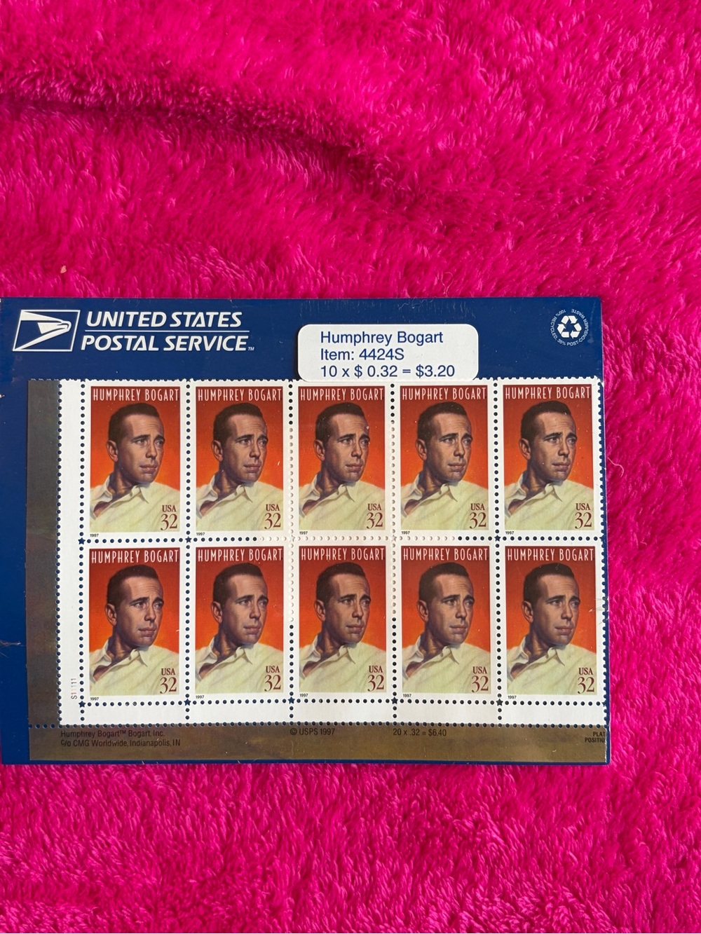 United States Postal Service Humphrey Bogart 32¢ Stamp Sheet - Orange & Cream